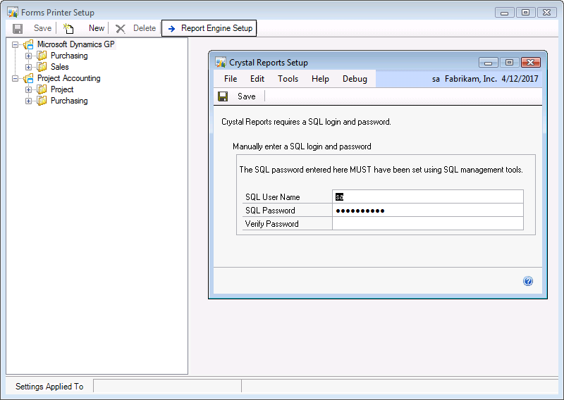 Crystal Reports Setup window